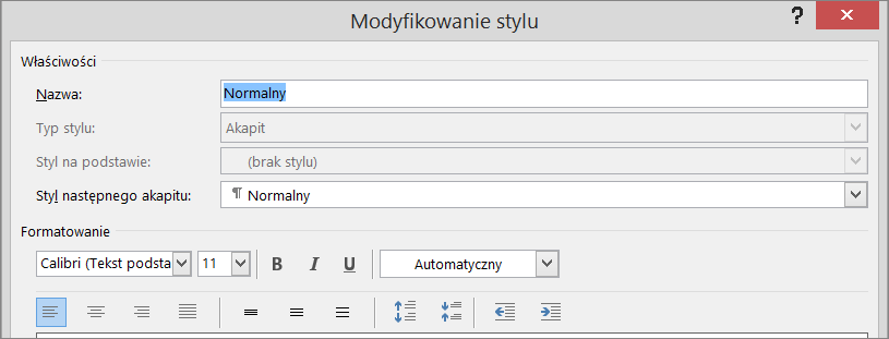 Okno dialogowe Modyfikowanie formatowania stylu w programie Word