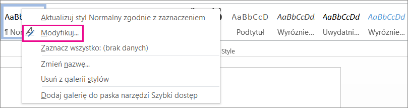 Okno dialogowe Modyfikowanie stylu w programie Word