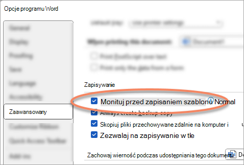 Okno dialogowe Opcje zaawansowane z wyróżnionym ustawieniem Monituj o zapisanie szablonu Normal.