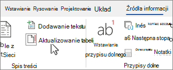 Karta Odwołanie z przyciskiem Aktualizuj tabelę