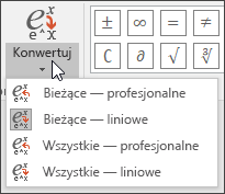 Obraz menu Konwertuj przedstawiający optyny formatu konwertowania równania.