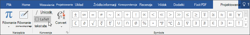 Obraz karty Projektowanie przedstawiający formaty równań dostępne w formacie LaTex.