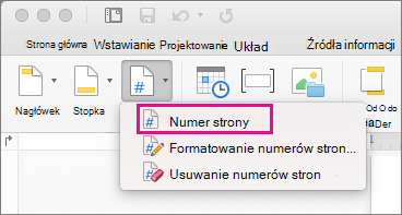 Na karcie Nagłówek & stopka kliknij pozycję Numer strony w menu Numer strony, aby dodać numer strony.