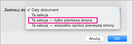Menu Zastosuj do z wyróżnioną opcją Tylko pierwsza strona