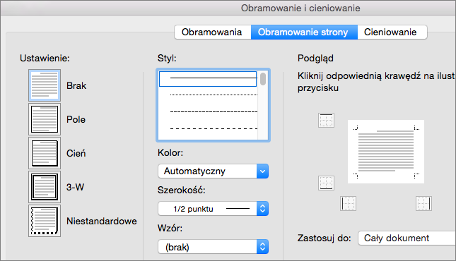 Wybieranie stylu, koloru i grubości obramowania strony