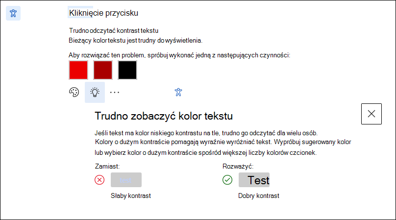Ekran z poradami szkoleniowymi dotyczącymi problemu z ułatwieniami dostępu.