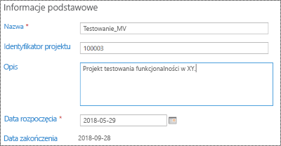 Opis projektu w Project Online.