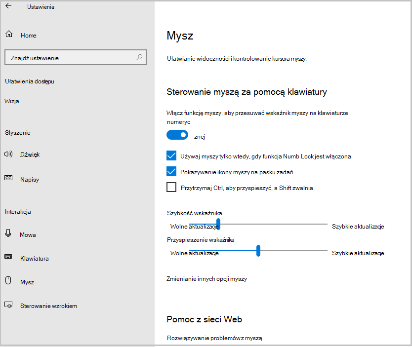 Zrzut ekranu przedstawiający sposób włączania klawiszy Windows10Mousekeys