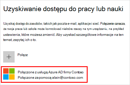 Zrzut ekranu przedstawiający okno programu Access w pracy lub szkole z wybranym kontem Azure AD Połączono z (Twoją organizacją)