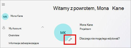 Zrzut ekranu przedstawiający portal Moje konto z wyświetlonym zdjęciem profilu użytkowników, nazwą i różnymi opcjami ustawień konta, takimi jak język, strefa czasowa i ustawienia prywatności. Ikona edycji jest widoczna na zdjęciu profilu wskazującym, gdzie użytkownicy mogą kliknąć, aby zaktualizować swoje zdjęcie.