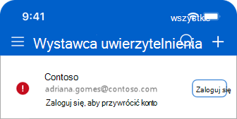 Zrzut ekranu przedstawiający aplikację Microsoft Authenticator z wyświetlonym komunikatem logowania w celu przywrócenia konta