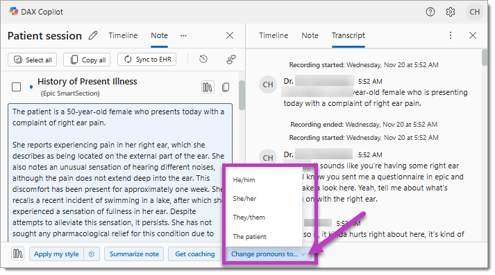 The Change pronouns to menu button and available options.
