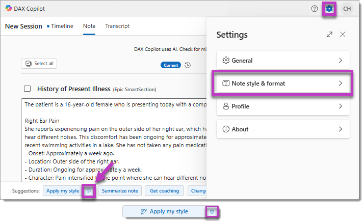 The ways to open the Note style and format settings screen.