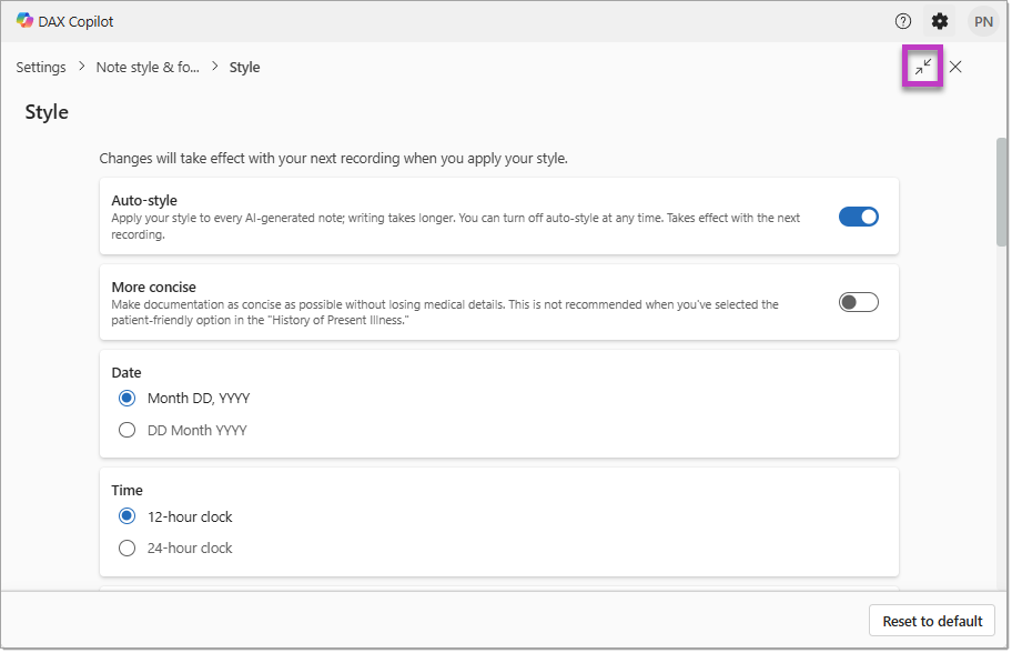 Screenshot of the Note style settings screen in DAX Copilot for Epic.