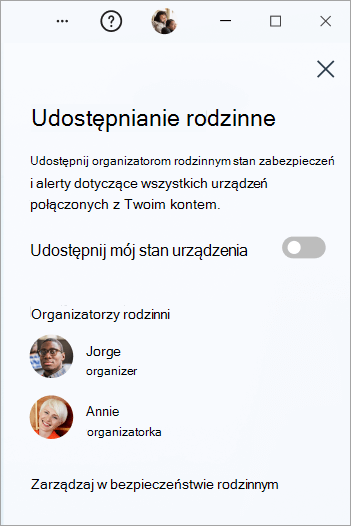 Panel udostępniania rodzinnego w usłudze Microsoft Defender w systemie Windows.