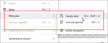 Menu kontekstowe wklej jako zwykły tekst