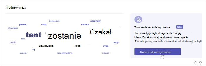 Zrzut ekranu przedstawiający chmurę wyrazów pokazujący, które słowa uczniowie najczęściej niepoprawnie czytają. Im dłuższe słowo, tym więcej razy uczniowie popełnili błąd. wskaźnik myszy znajduje się nad widocznym słowem, a wyskakujące okienko pokazuje, że wyraz został pominięty 52 razy.