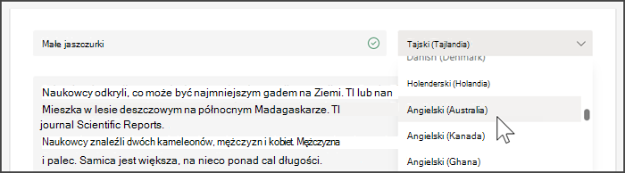 zrzut ekranu przedstawiający listę rozwijaną wybierania języka