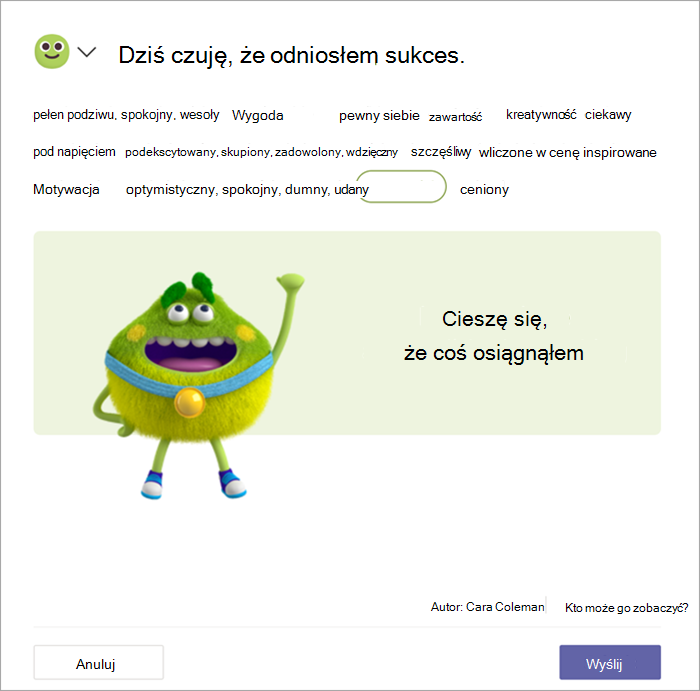 Zielony potwór ze złotym medalem wymachuje pięścią w powietrzu. Uczeń zaznaczył wyraz Pomyślnie