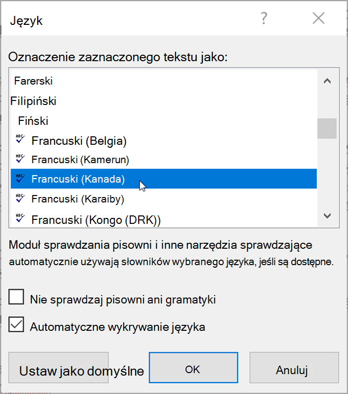 Zrzut ekranu z programu Word. Menu podręczne zawiera listę języków, które można wybrać. Pole wyboru Wykryj automatycznie język jest zaznaczone.