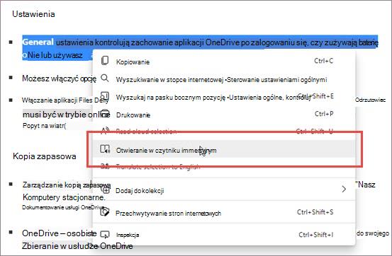 Przejdź do czytnika immersyjnego z menu kontekstowego.