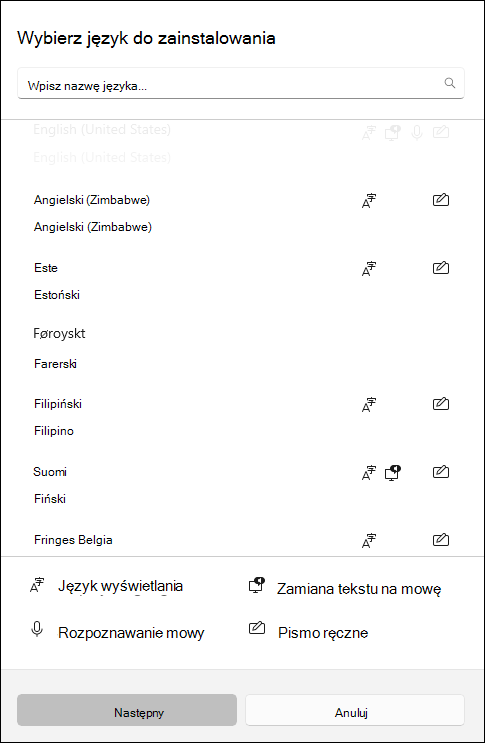 Zrzut ekranu przedstawiający pakiety językowe dostępne do pobrania w ustawieniach systemu Windows 10.