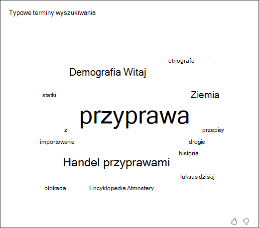 zrzut ekranu przedstawiający chmurę wyrazów z najczęściej używanymi terminami przez uczniów podczas korzystania z trenera wyszukiwania