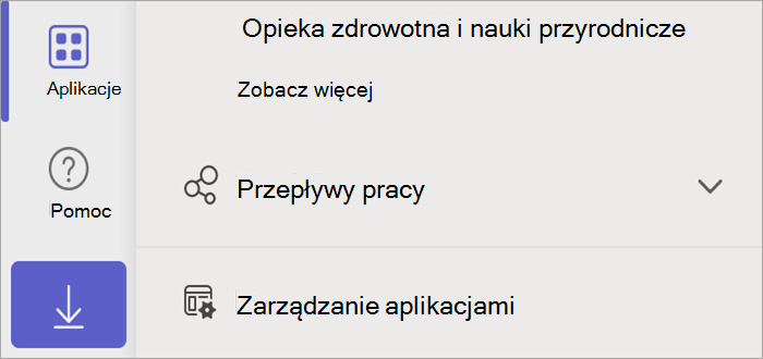 Zrzut ekranu przedstawiający aplikację Teams z przyciskiem aplikacji, który ujawnia przycisk Zarządzaj aplikacjami.