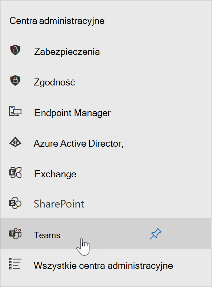 zrzut ekranu przedstawiający centrum administracyjne platformy Microsoft 365 z kursorem umieszczonym na punkcie wejścia do centrum administracyjnego usługi Teams.