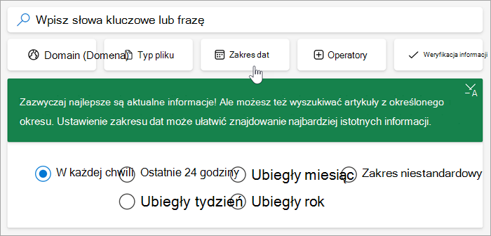Zrzut ekranu przedstawiający opcje zakresu dat, ostatnie 24 godziny, ostatni tydzień, ostatni miesiąc, ostatni rok, zakres niestandardowy.