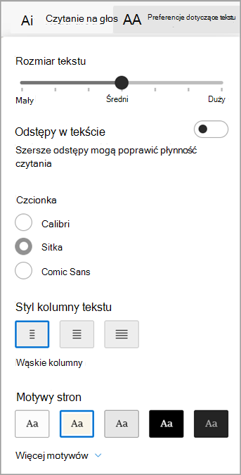 Preferencje dotyczące tekstu w czytniku immersyjnym dla przeglądarki Microsoft Edge.