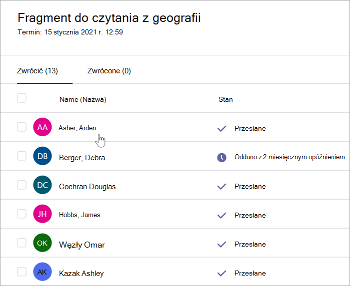 Zrzut ekranu okienka oceniania nauczyciela brzmi: Fragment do czytania z geografii, termin 15 stycznia 2021 r. o godz. 12:59, są dwie zakładki, do zwrotu (13) i Zwrócone (0). Widok zakładki do zwrotu jest zaznaczony i widoczne są dwie kolumny: nazwiska i status. Na liście znajduje się kilka nazwisk uczniów, a ich statusy to Przesłane, Oddane z 2-miesięcznym opóźnieniem oraz Wyświetlone