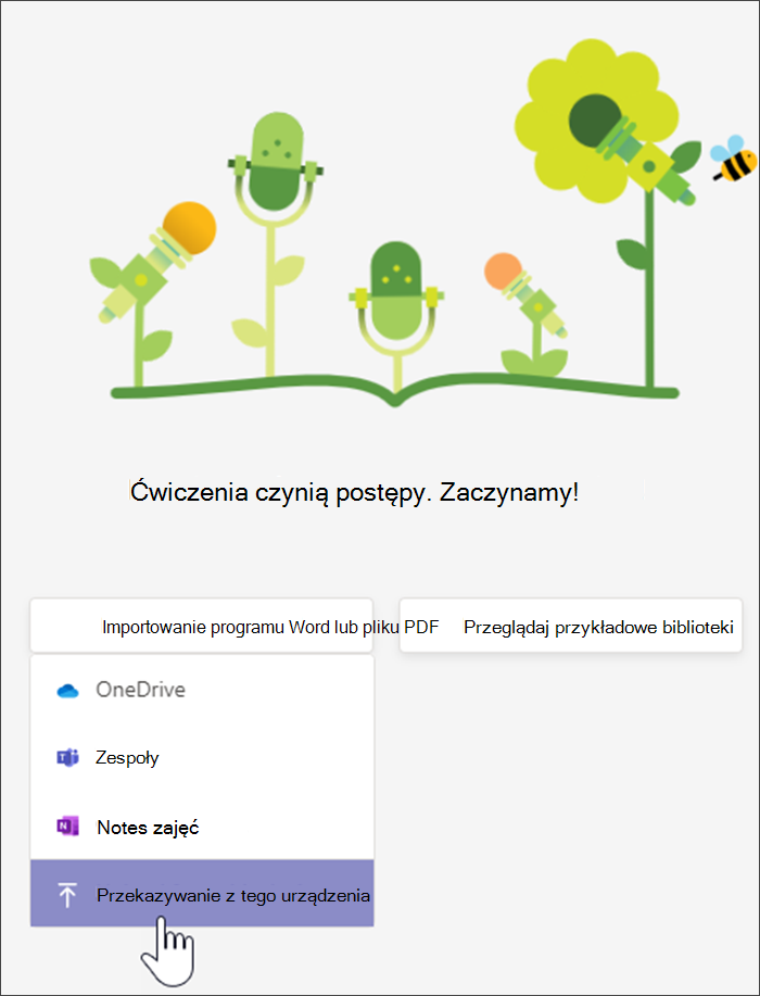 zrzut ekranu przedstawiający listę rozwijaną po wybraniu opcji Przekaż plik PDF w formacie Word