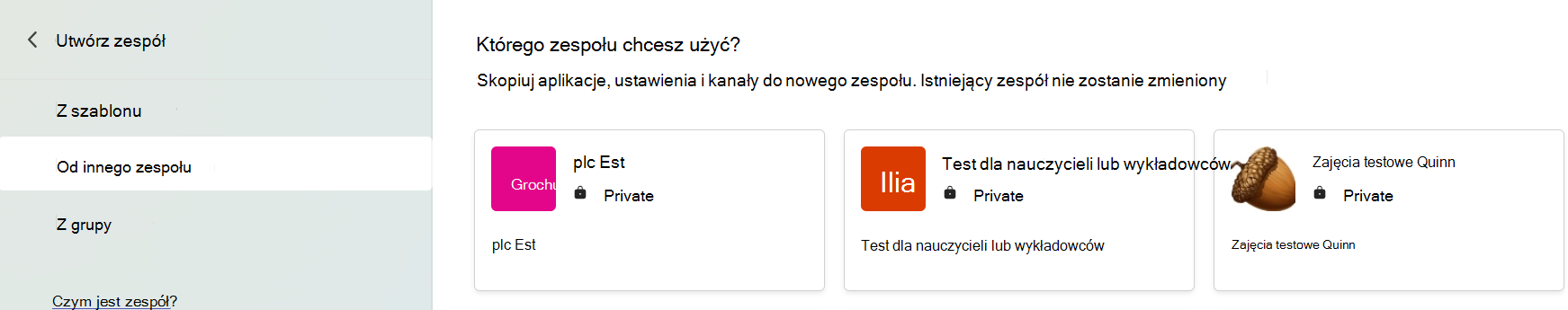 Zrzut ekranu przedstawiający wybieranie zespołu do skopiowania aplikacji, ustawień i kanałów.