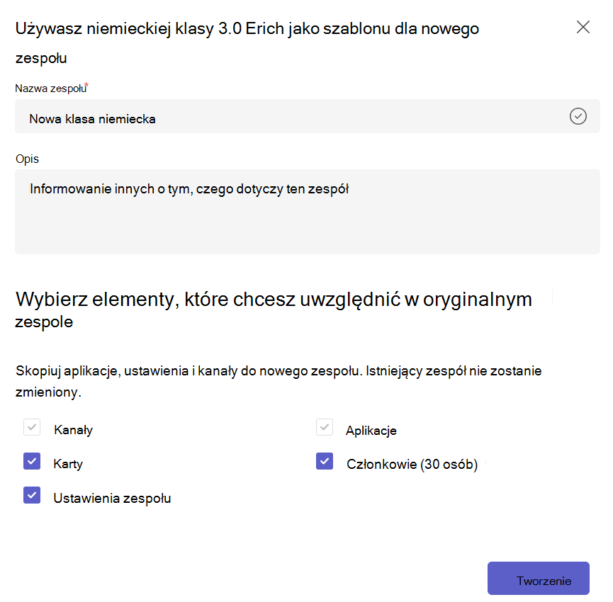 Zrzut ekranu przedstawiający tworzenie nowego zespołu na podstawie istniejącego szablonu zespołu i wybieranie zawartości do skopiowania.