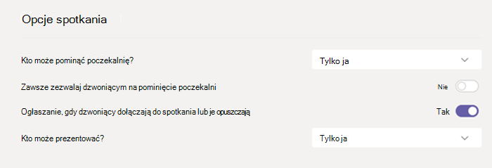 Opcje spotkania w usłudze Teams.