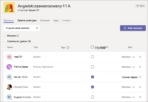 Zaznacz pola wyboru obok nazwisk uczniów, aby ich wyciszyć.