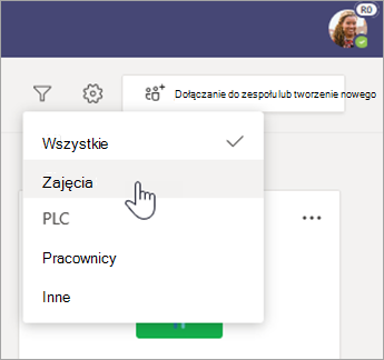 Filtruj typy zespołów.