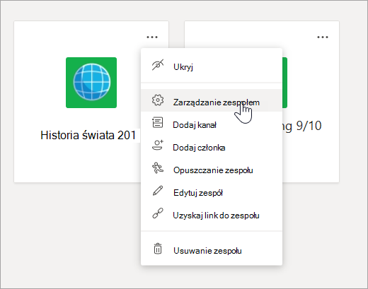 Edytuj menu i ustawienia dla zespołu.