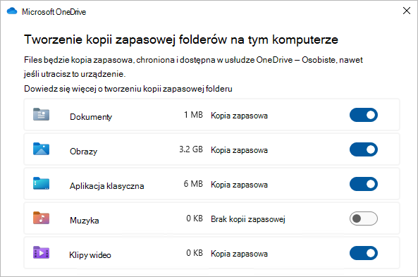 Zrzut ekranu przedstawiający okno dialogowe wyboru umożliwiające utworzenie kopii zapasowej folderów usługi OneDrive