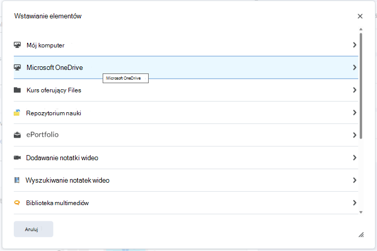 Osadź plik usługi OneDrive w Edytorze Brightspace za pomocą menu Wstaw elementy wstaw.