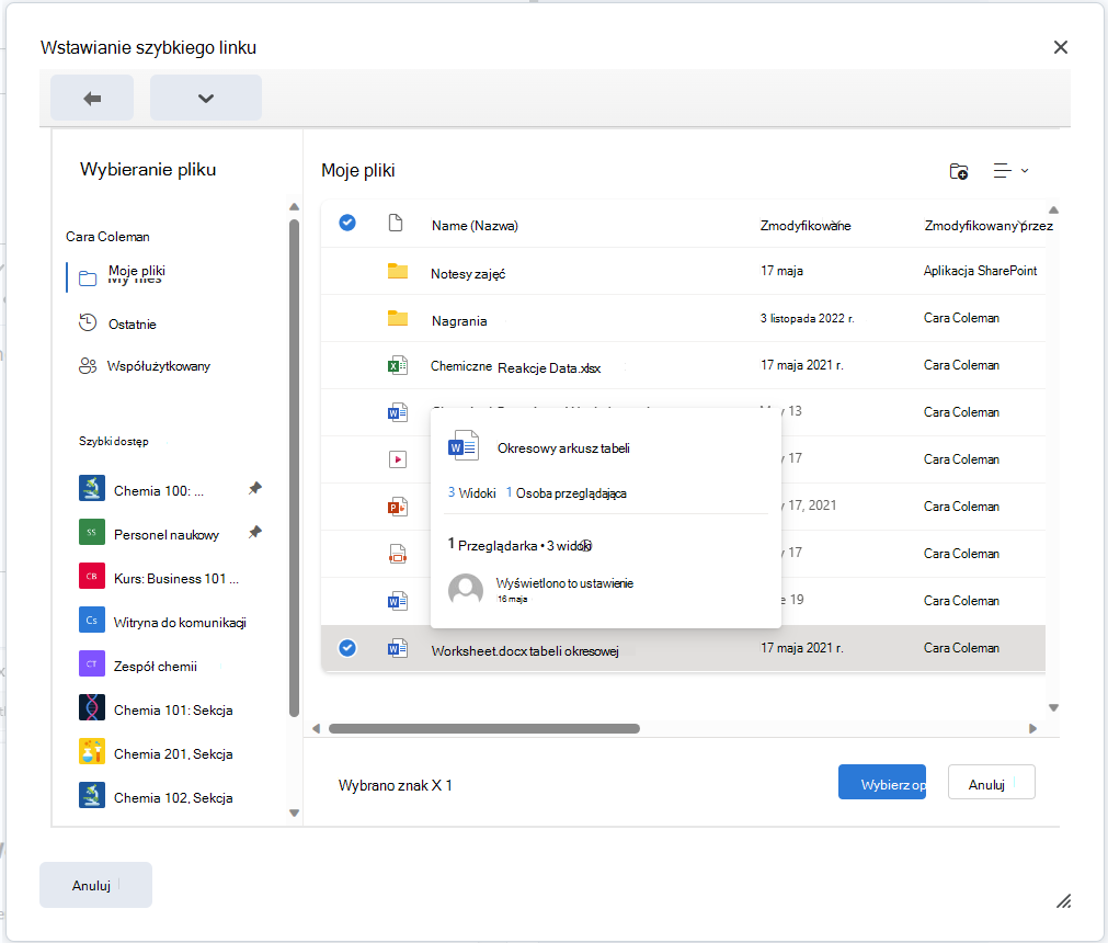 Osadź plik usługi OneDrive w Edytorze Brightspace za pomocą przycisku Wstaw szybki link.