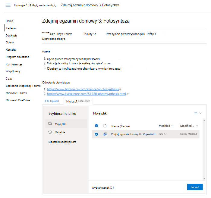 Karta Zadania dla opcji Wybierz plik z wyróżnioną kartą OneDrive