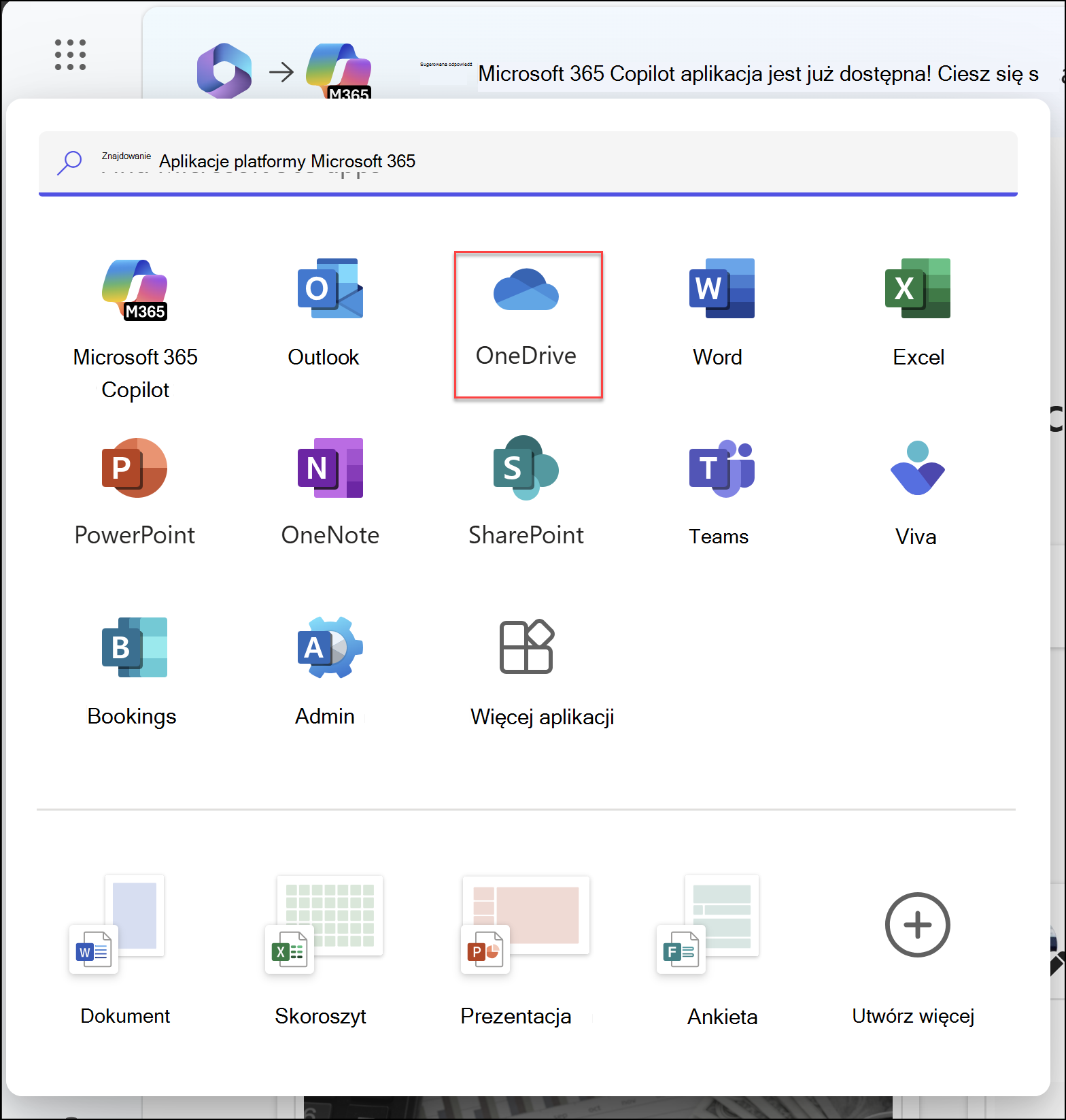 Okno przeglądarki z otwartym obszarem Uruchamianie aplikacji i wyróżnioną aplikacją OneDrive
