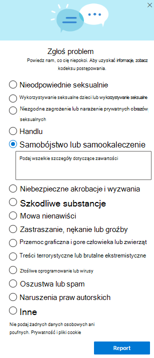 Zrzut ekranu przedstawiający okno dialogowe Zgłaszanie nadużycia w usłudze OneDrive