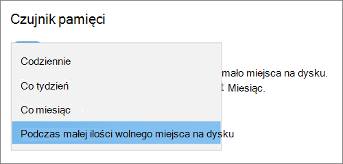 Windows 10 menu rozwijanym Pamięć, wybierając częstotliwość uruchamiania Czujnika pamięci