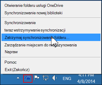 Polecenie Zatrzymaj synchronizację folderu w menu usługi OneDrive dla Firm