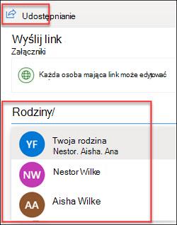 Okno Udostępnianie w usłudze OneDrive