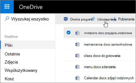 Zrzut ekranu przedstawiający wybrany plik i przycisk Udostępnij w usłudze OneDrive.