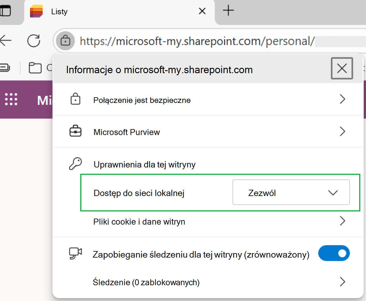 Okno uprawnień na pasku adresu przeglądarki, które wskazuje, gdzie można uzyskać dostęp do uprawnień witryny.